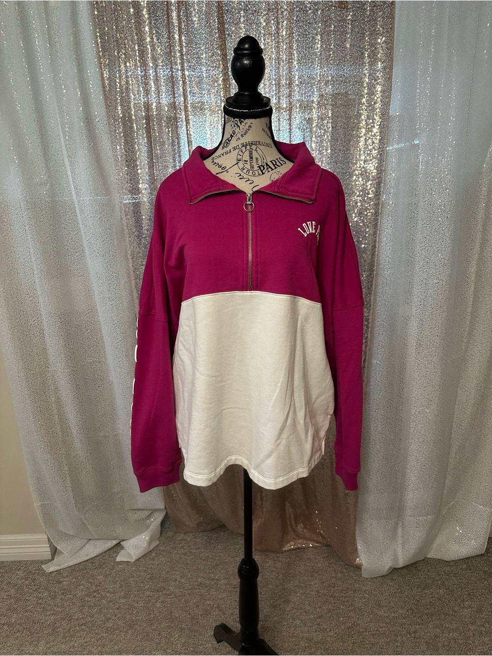 PINK Victoria's Secret Half-Zip Colorblock Pullover - Fuchsia & White